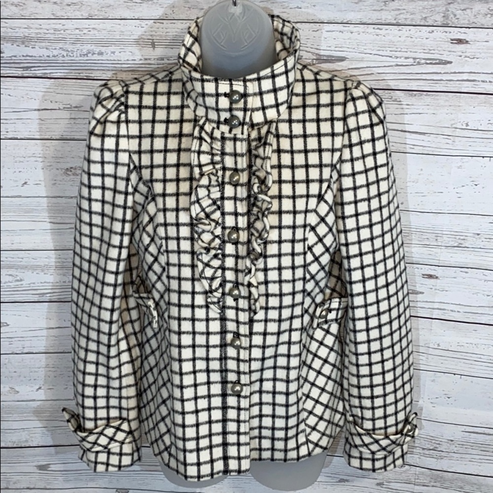 Black & Cream Short Checked Classic Ruffle Dressy Jacket Pea Coat Size Small